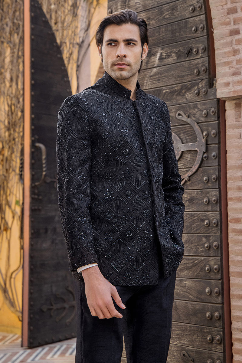 Black Embroidered Pure Silk Prince Coat (2-Piece) - Image 4