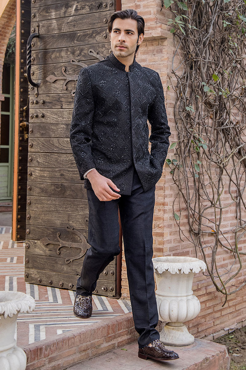 Black Embroidered Pure Silk Prince Coat (2-Piece) - Image 5