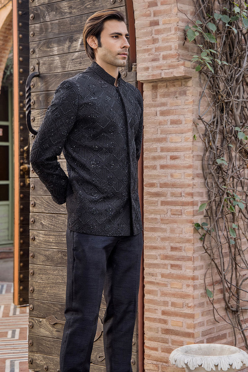 Black Embroidered Pure Silk Prince Coat (2-Piece) - Image 6