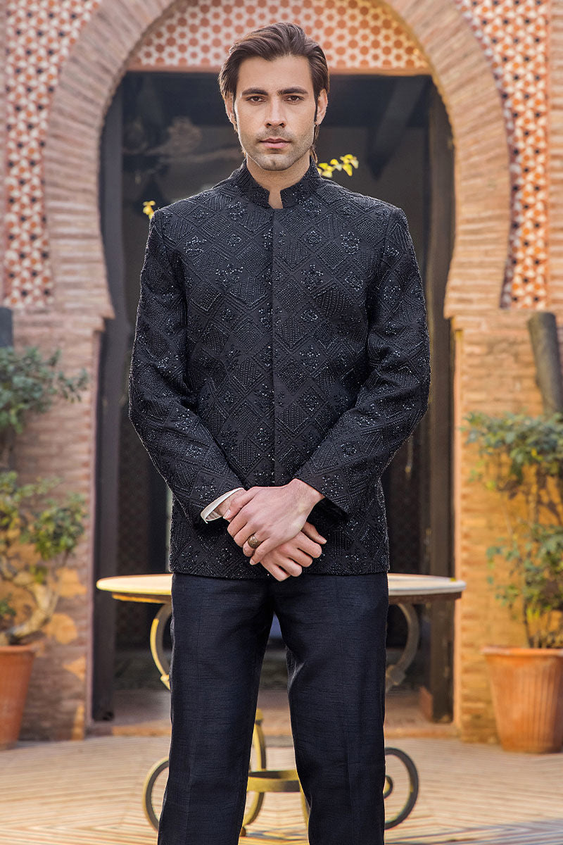 Black Embroidered Pure Silk Prince Coat (2-Piece) - Image 8