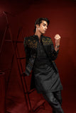 Black Embroidered Silk Prince Coat (3-Piece) - Image 5