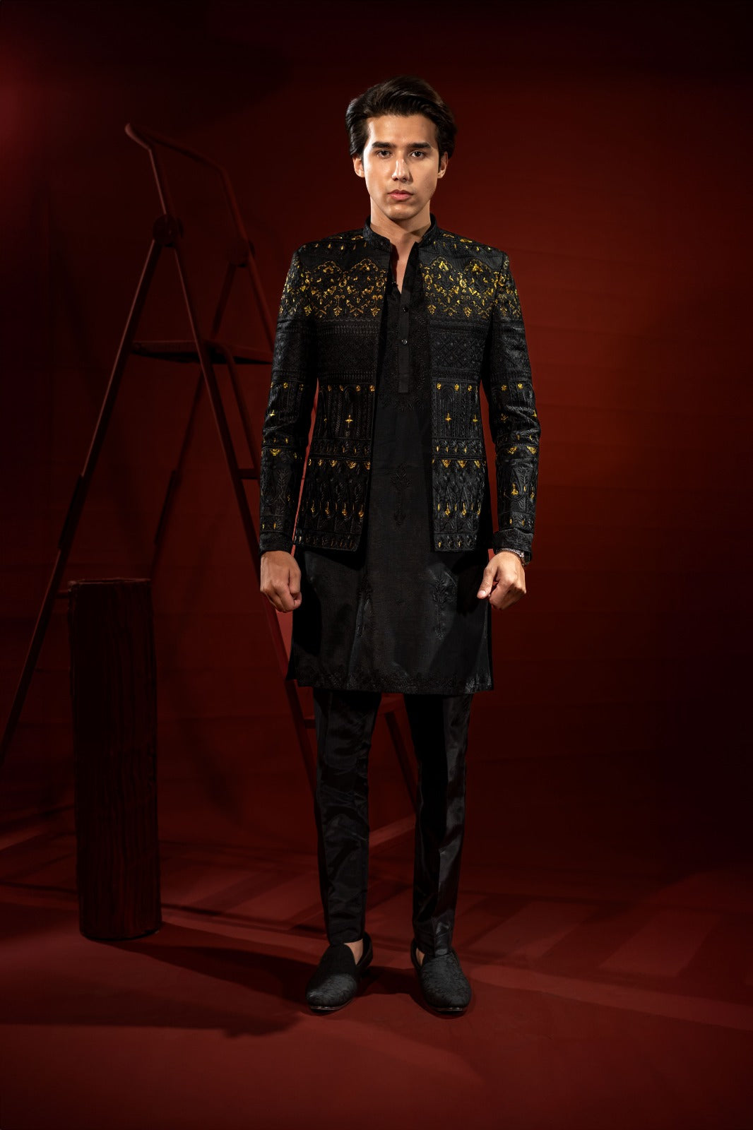 Black Silk Prince Coat with Smoke Gold Tila Embroidery (3-Piece) - Image 1