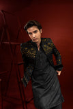 Black Silk Prince Coat with Smoke Gold Tila Embroidery (3-Piece) - Image 3