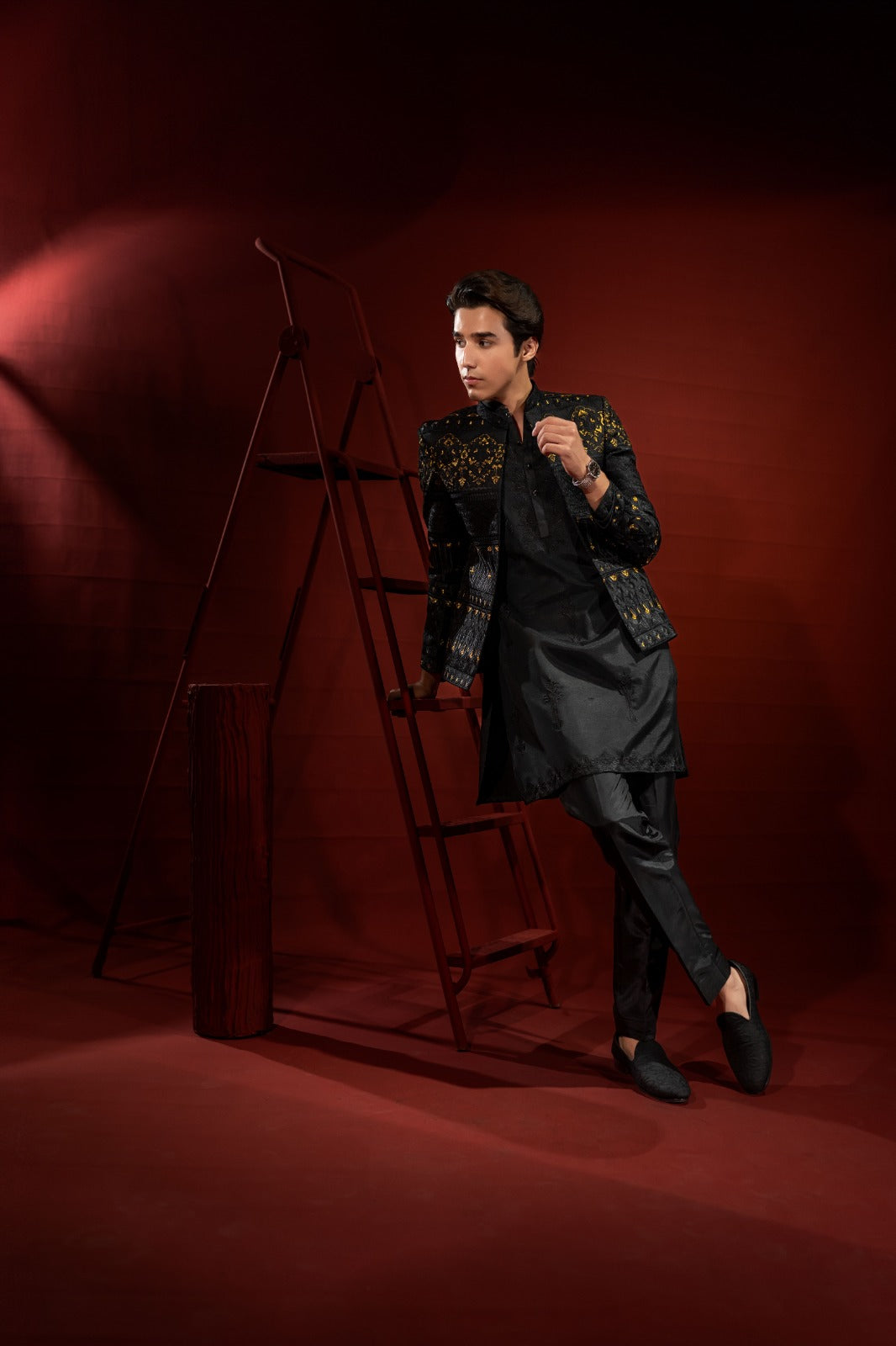 Black Silk Embroidered Prince Coat (3-Piece) - Image 3