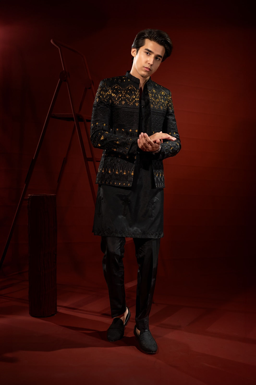 Black Silk Embroidered Prince Coat (3-Piece) - Image 6