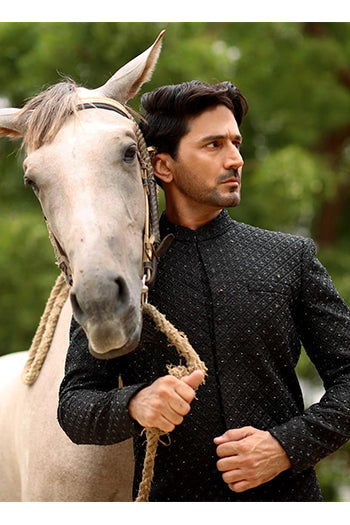 Black Zari & Stone Shiny Silk Prince Coat (1-Pc) - Image 2