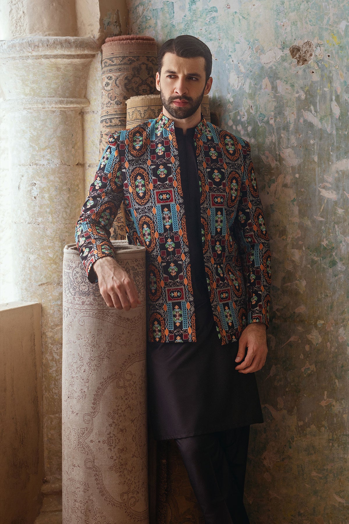 Black Embroidered Prince Coat 3-Piece Set - Image 1