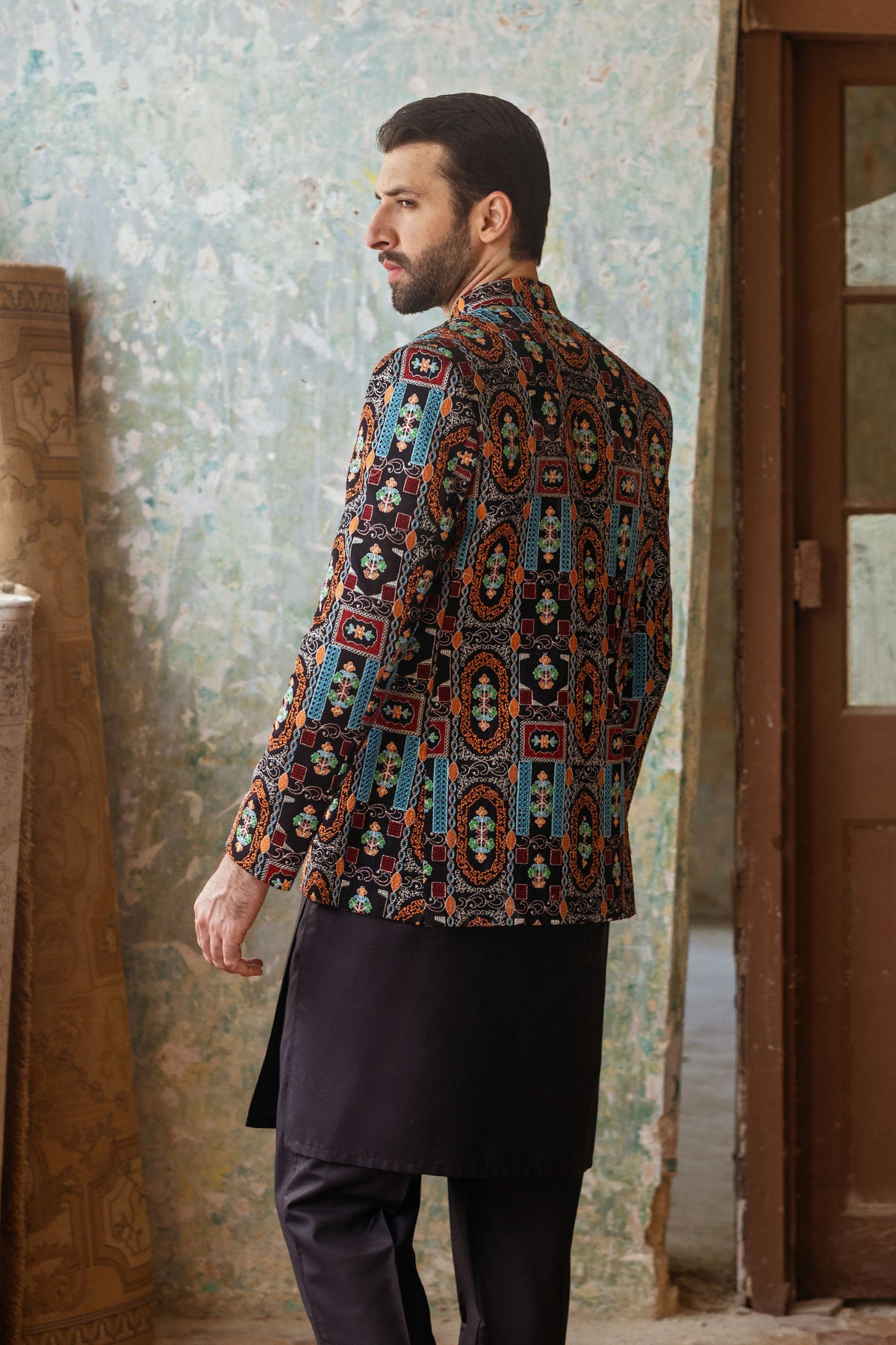 Black Embroidered Prince Coat 3-Piece Set - Image 2