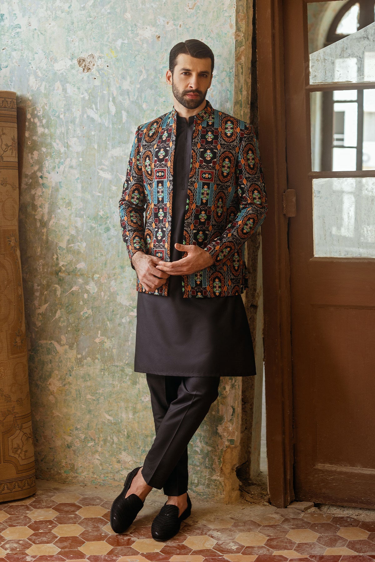 Black Embroidered Prince Coat 3-Piece Set - Image 4