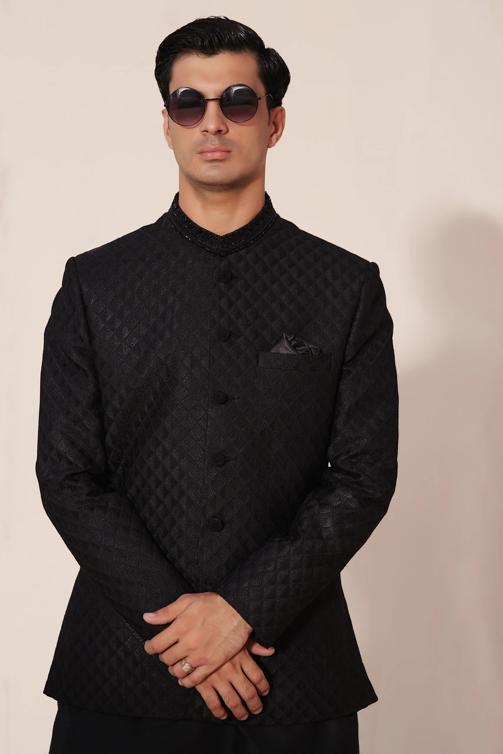 Black Textured Prince Coat 3-Piece Set - Image 1