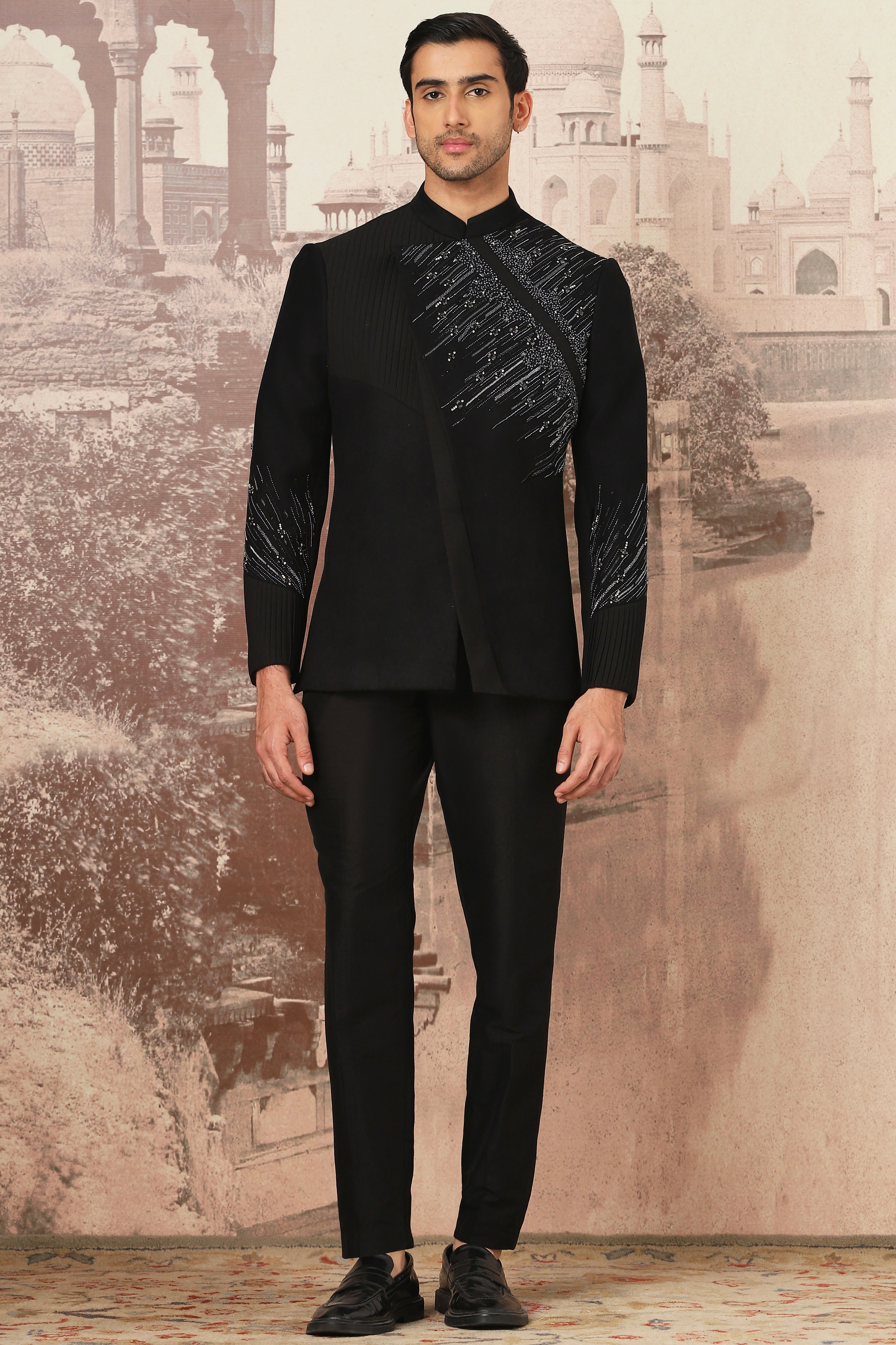 Midnight Black Embroidered Suede Prince Coat (2-Piece) - Image 1