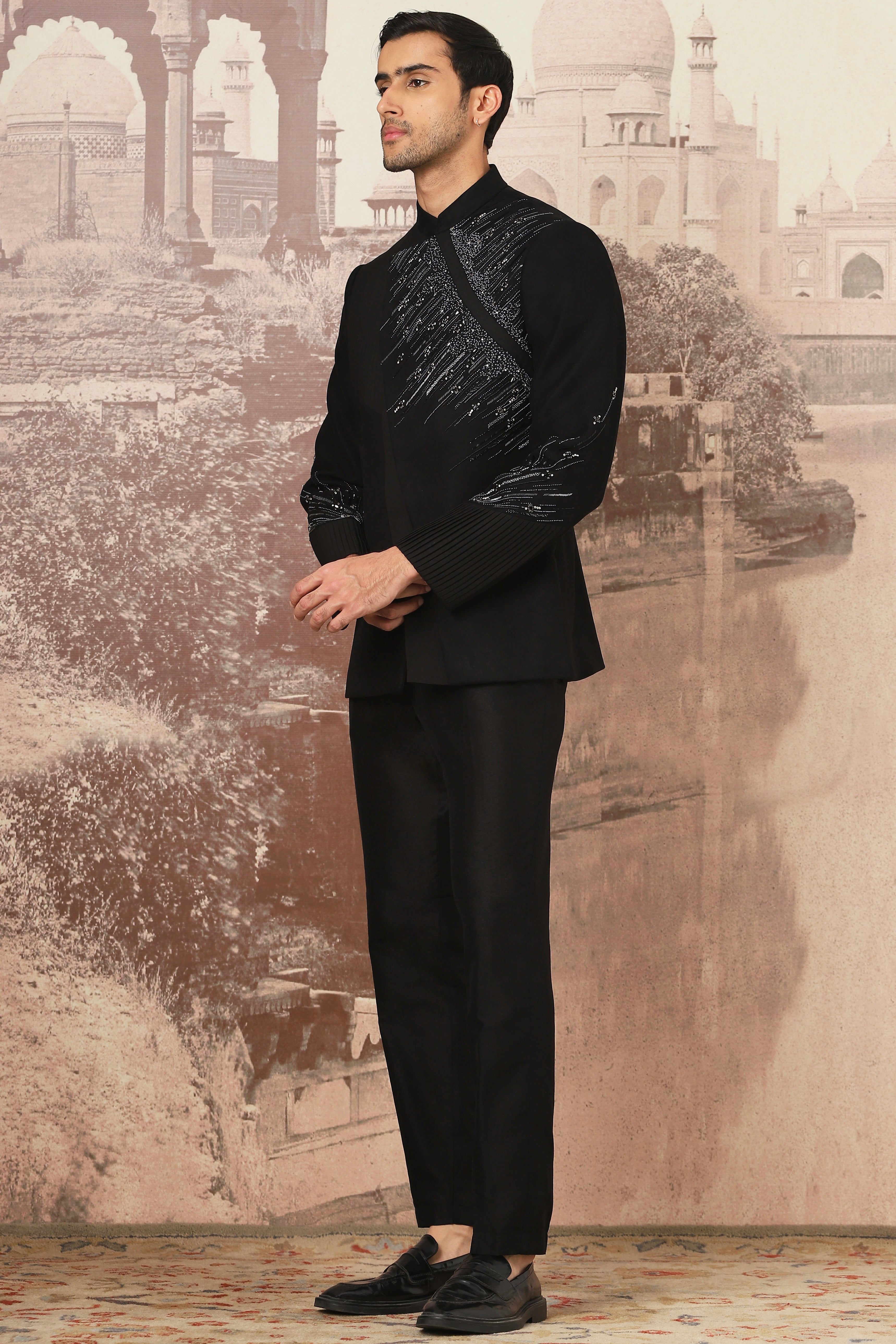 Midnight Black Embroidered Suede Prince Coat (2-Piece) - Image 2