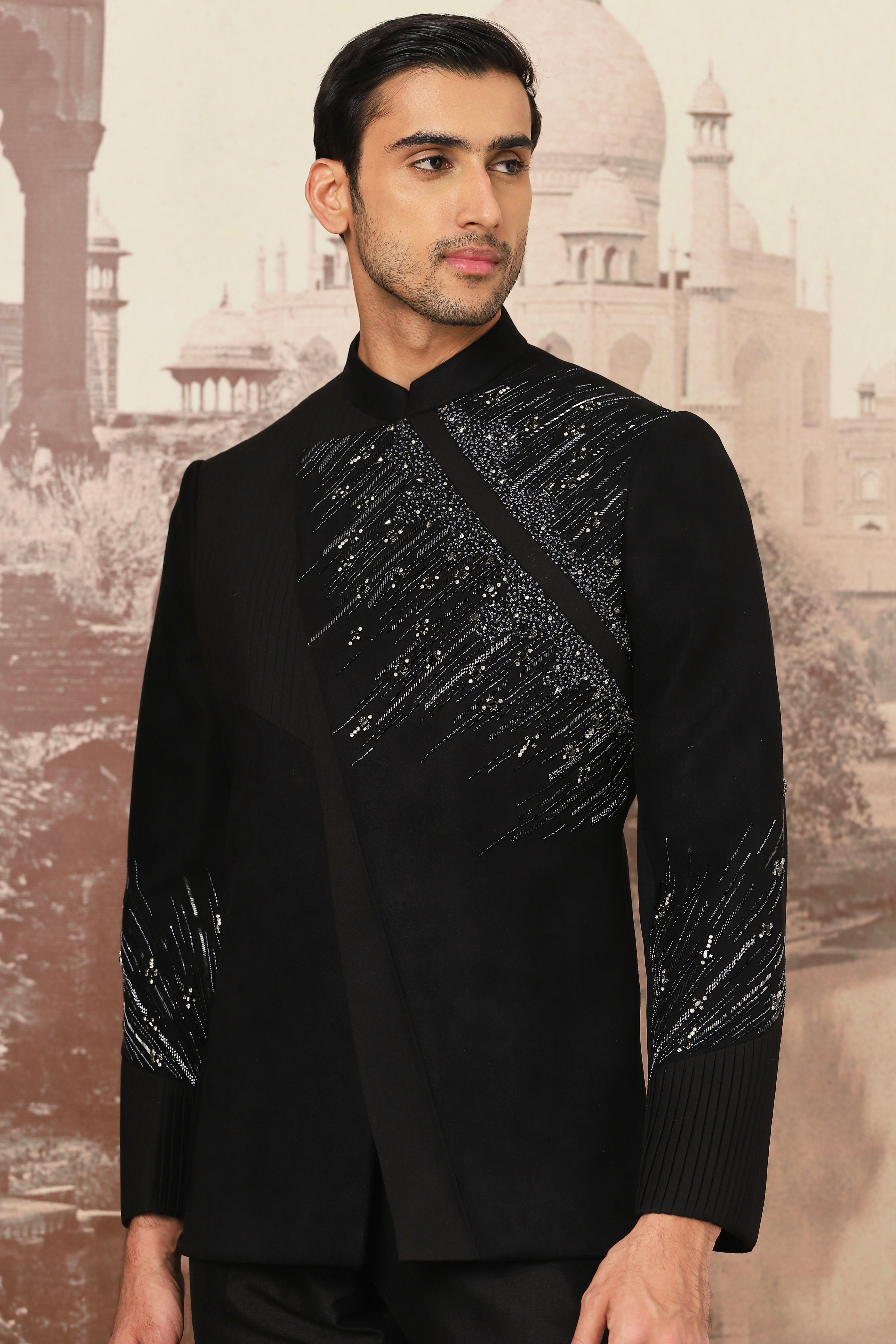 Midnight Black Embroidered Suede Prince Coat (2-Piece) - Image 3