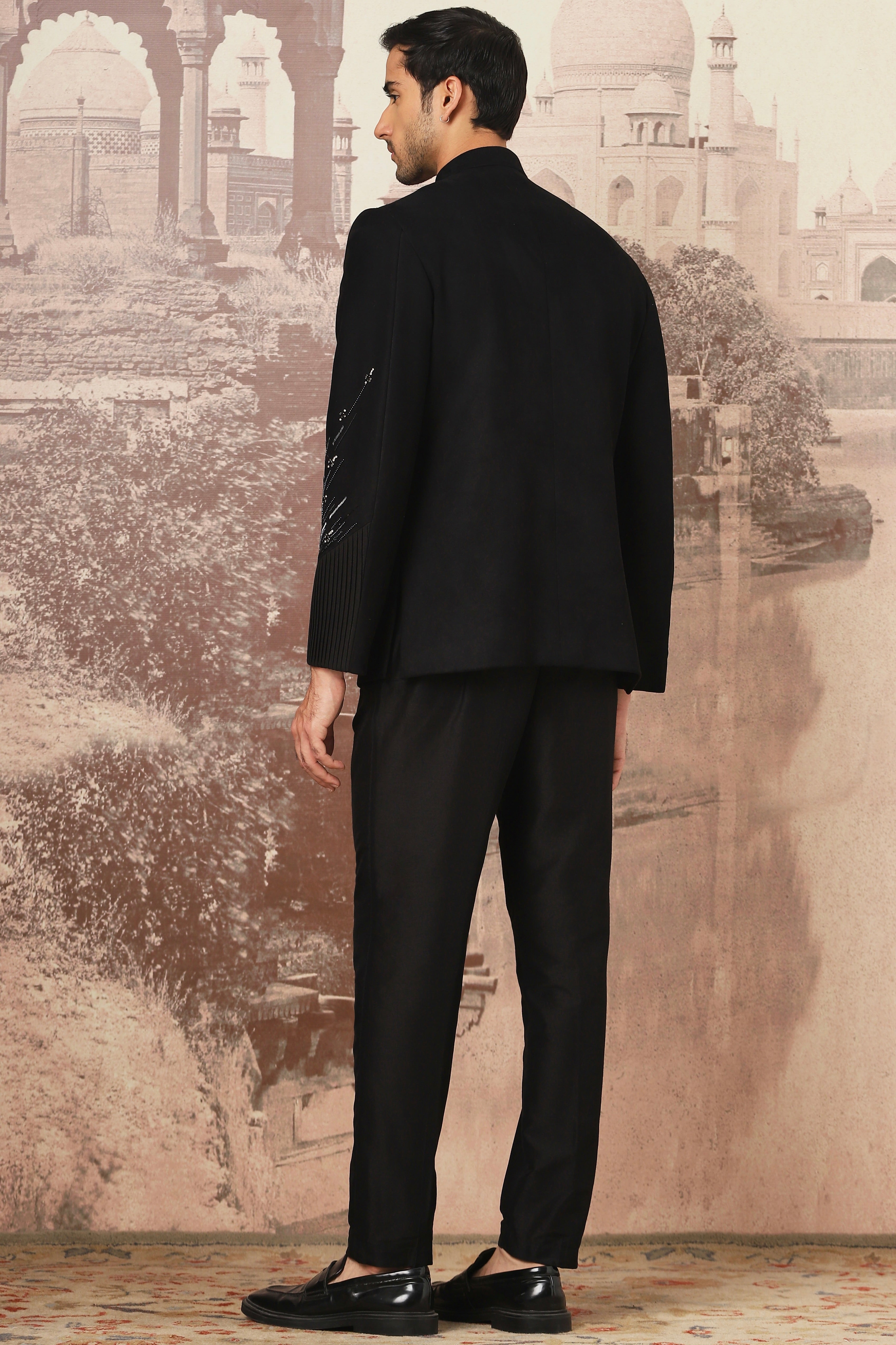 Midnight Black Embroidered Suede Prince Coat (2-Piece) - Image 4