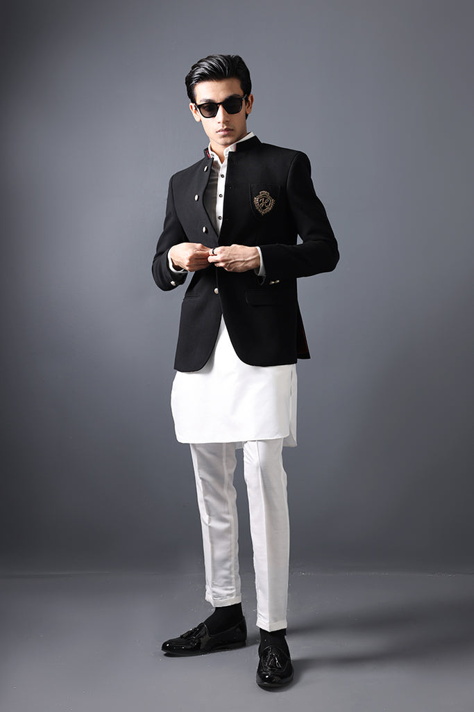 Black Embroidered Suiting Prince Coat (3-Piece) - Image 1