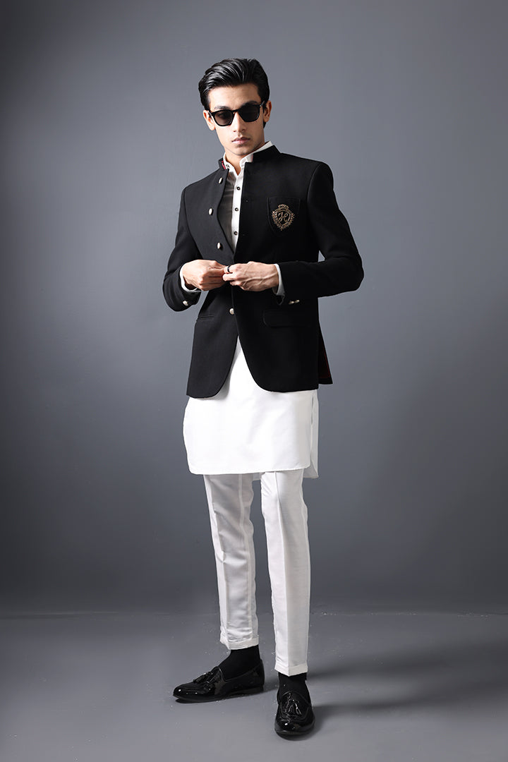 Black Embroidered Suiting Prince Coat (3-Piece) - Image 2