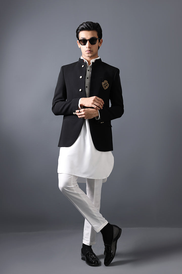 Black Embroidered Suiting Prince Coat (3-Piece) - Image 3