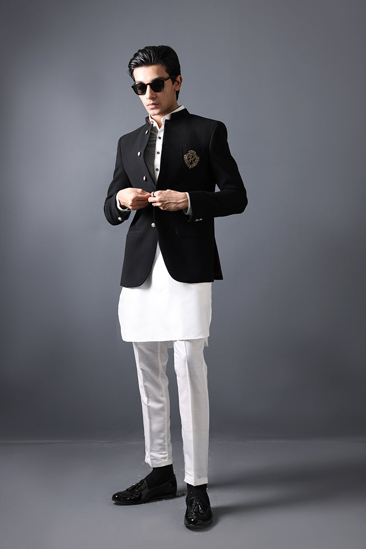 Black Embroidered Suiting Prince Coat (3-Piece) - Image 4