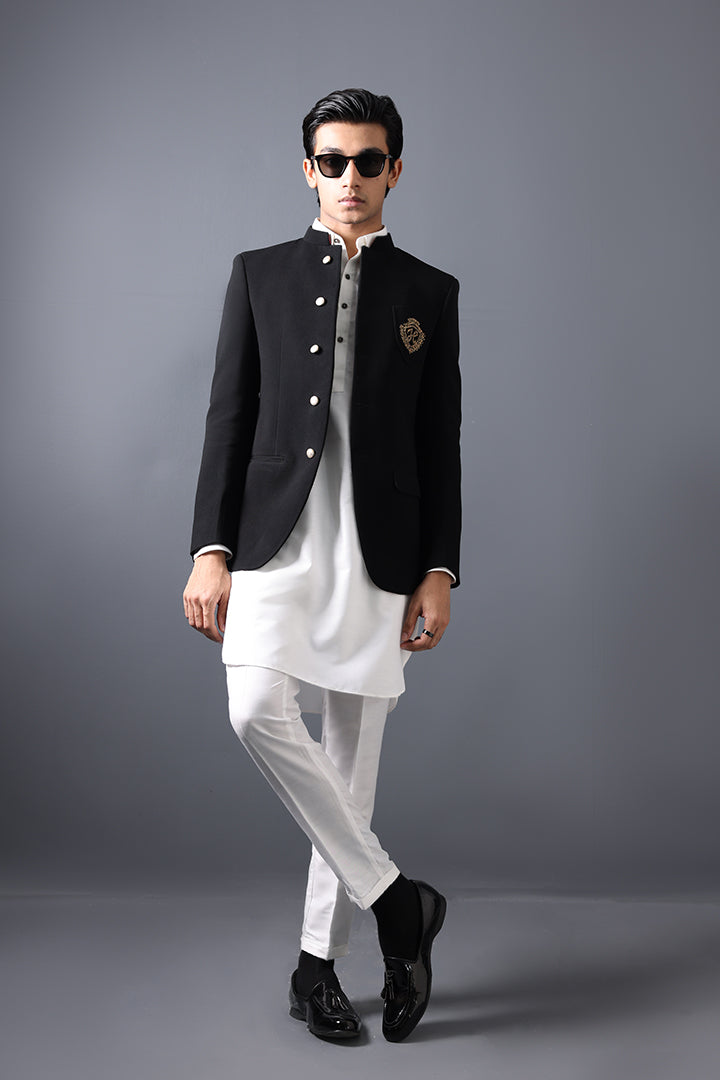Black Embroidered Suiting Prince Coat (3-Piece) - Image 5