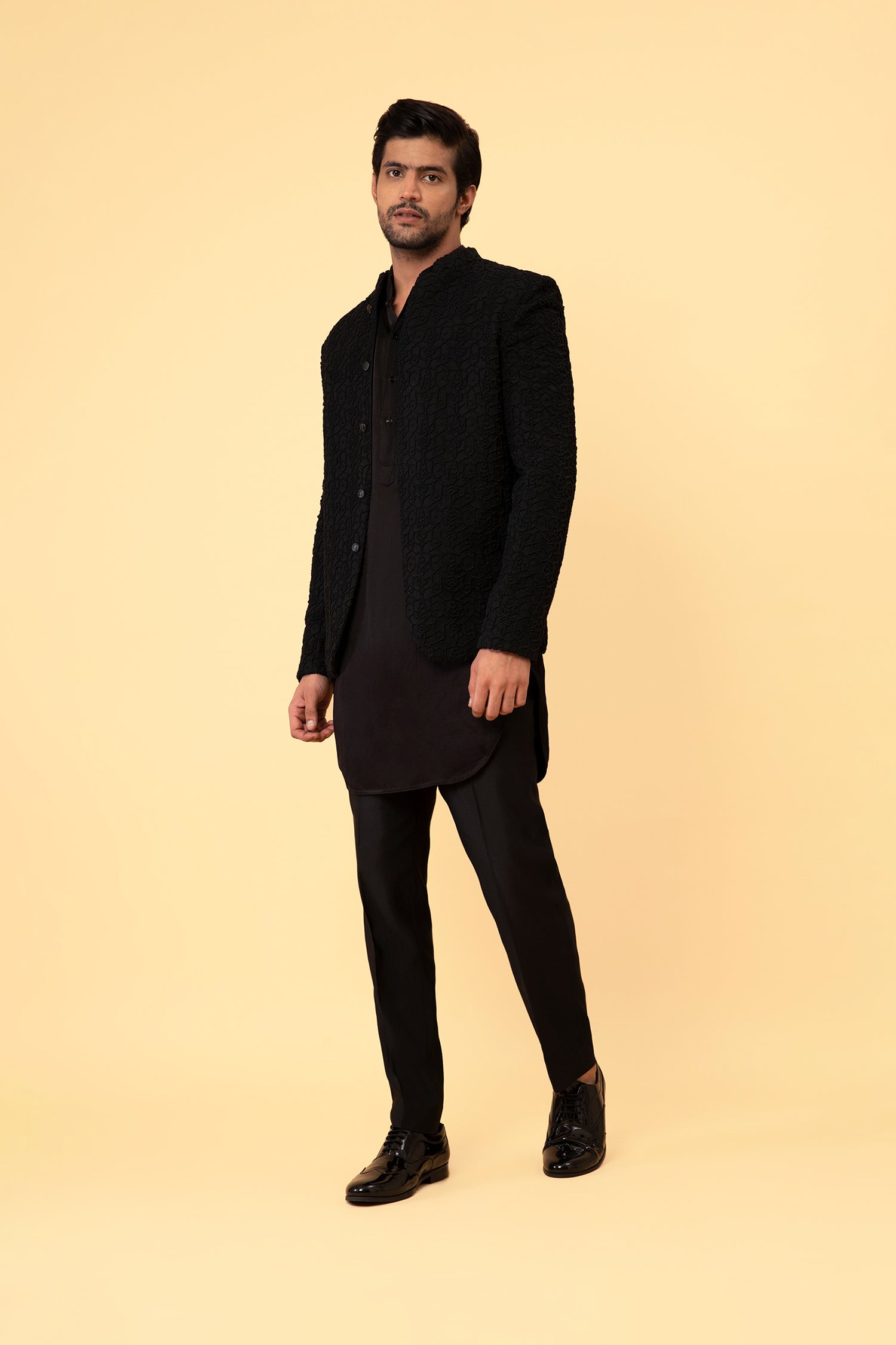 Black Geometric Knotted Suiting Prince Coat (3-Piece) - Image 1