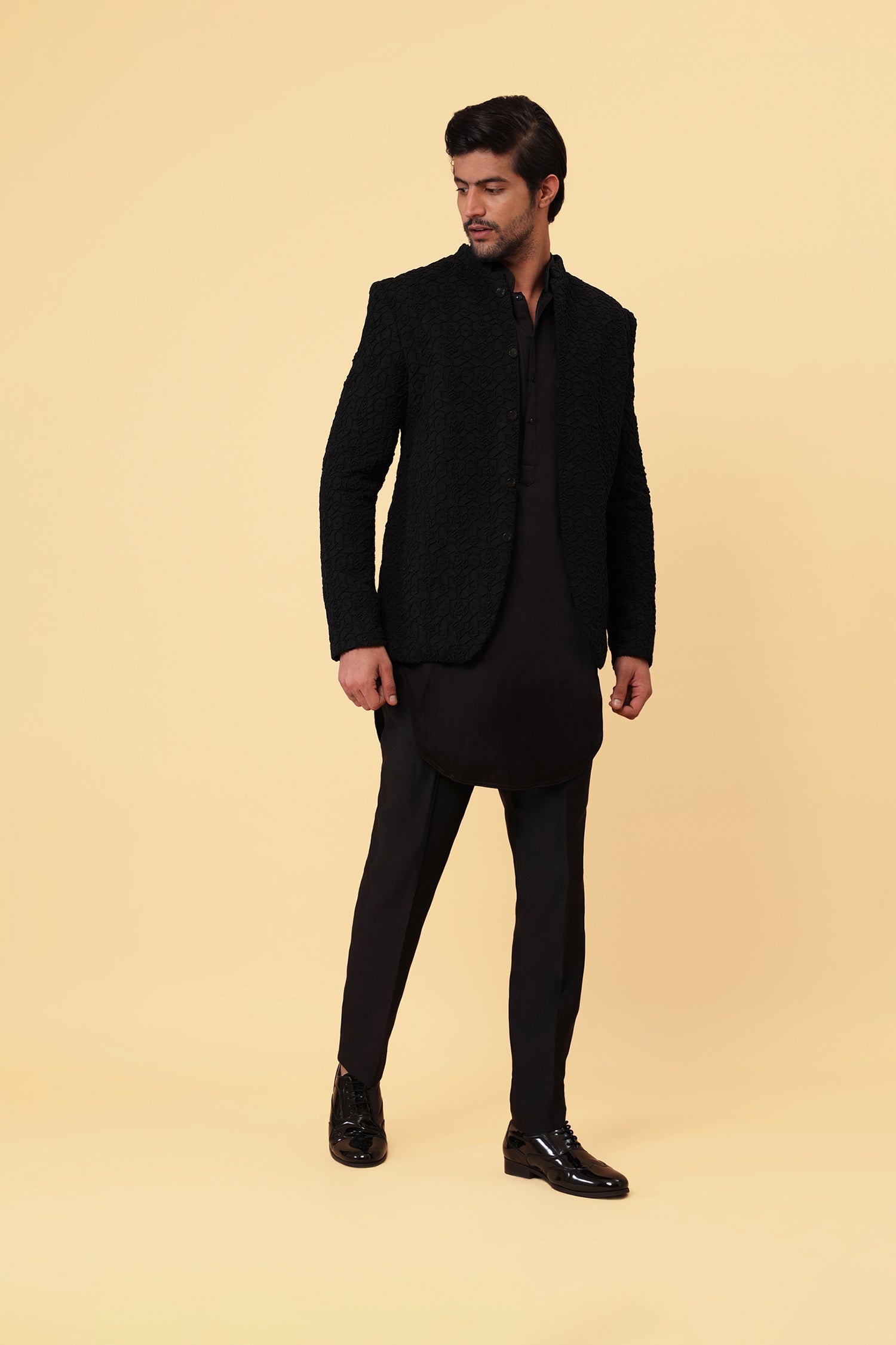 Black Geometric Knotted Suiting Prince Coat (3-Piece) - Image 2