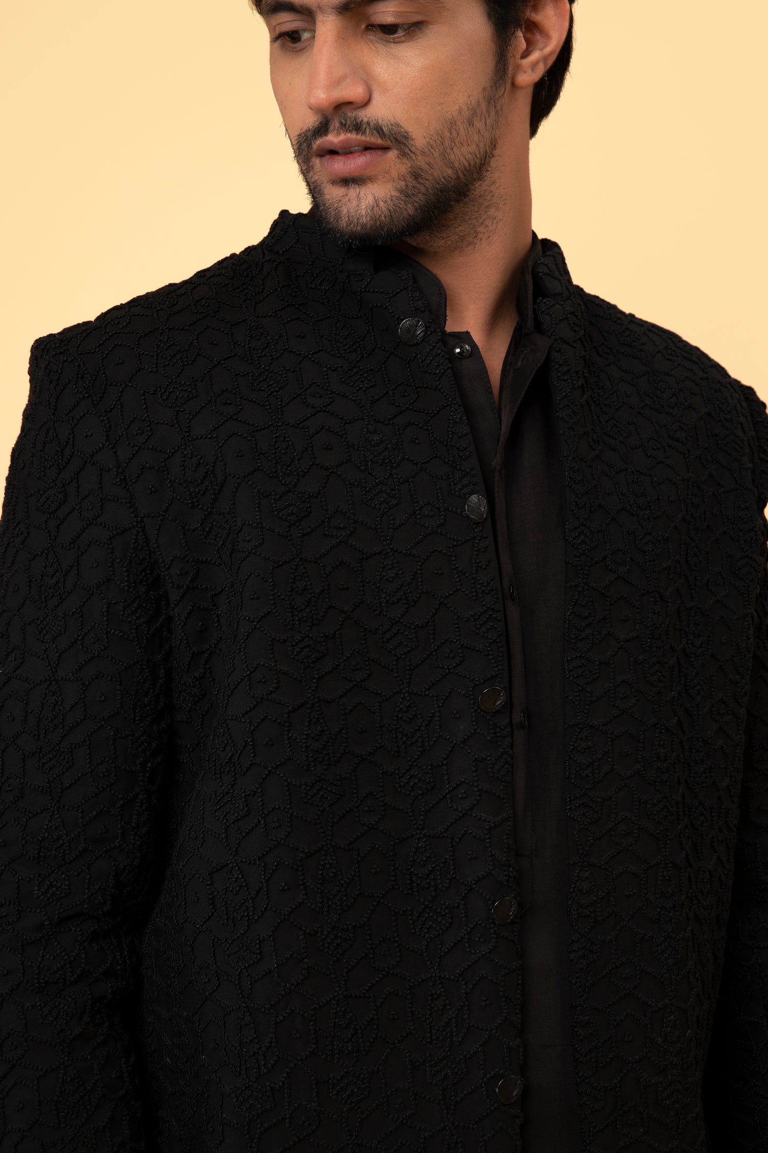 Black Geometric Knotted Suiting Prince Coat (3-Piece) - Image 3