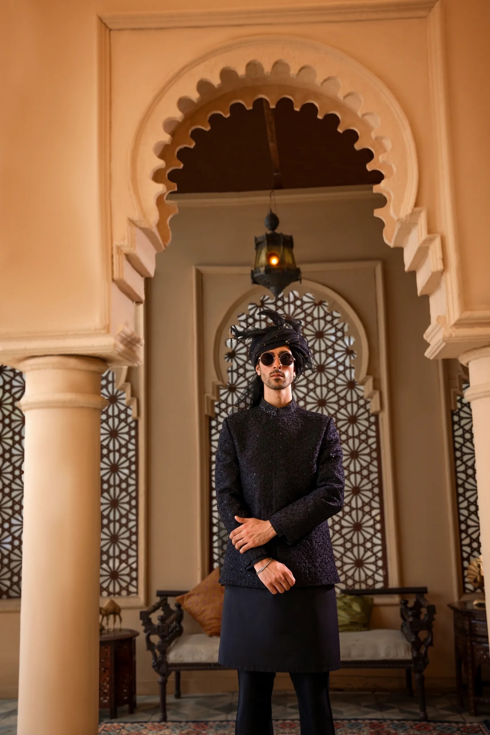 Black Moti-Embellished Suiting Prince Coat (1-Pc) - Image 1