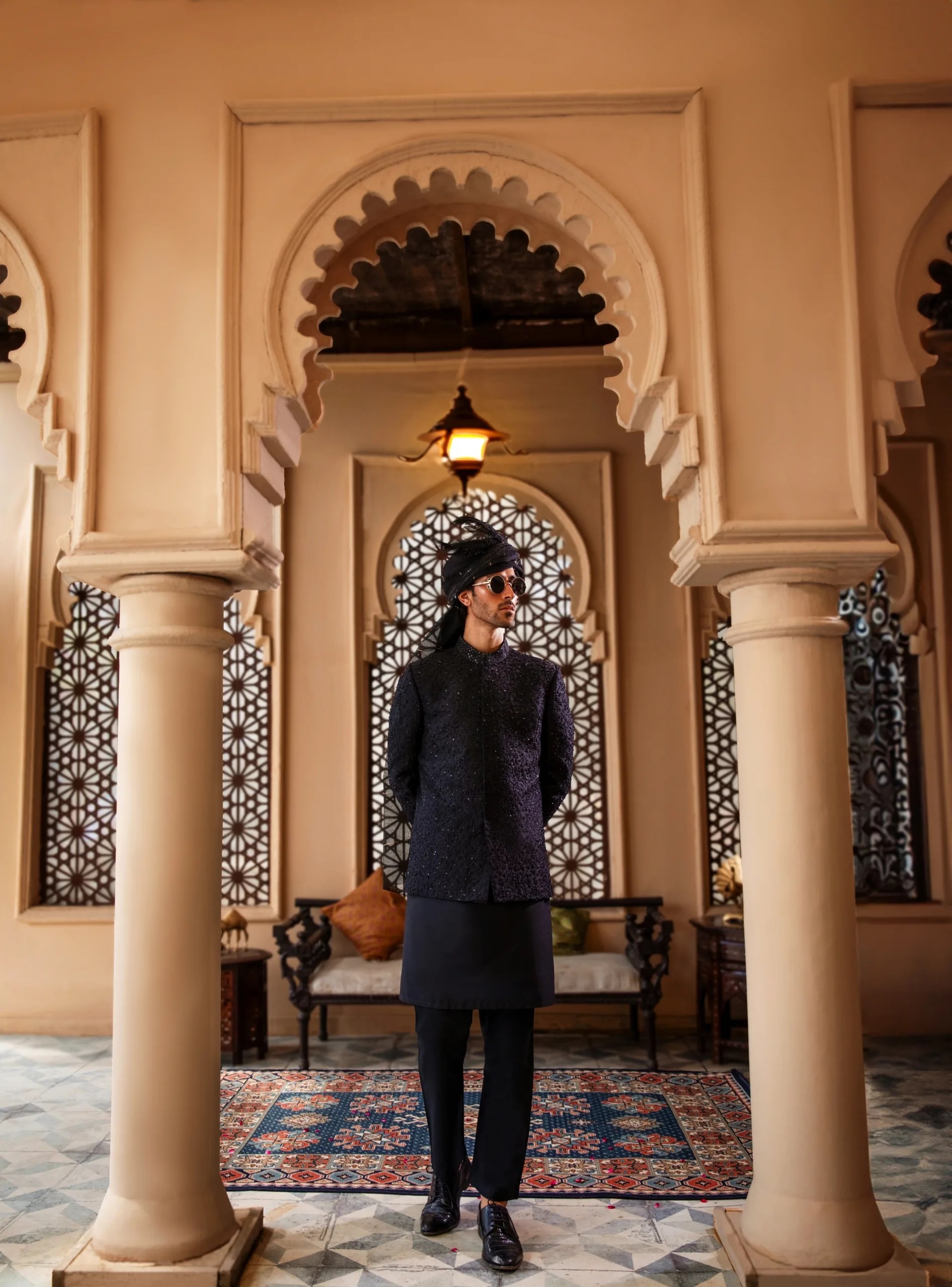 Black Moti-Embellished Suiting Prince Coat (1-Pc) - Image 2