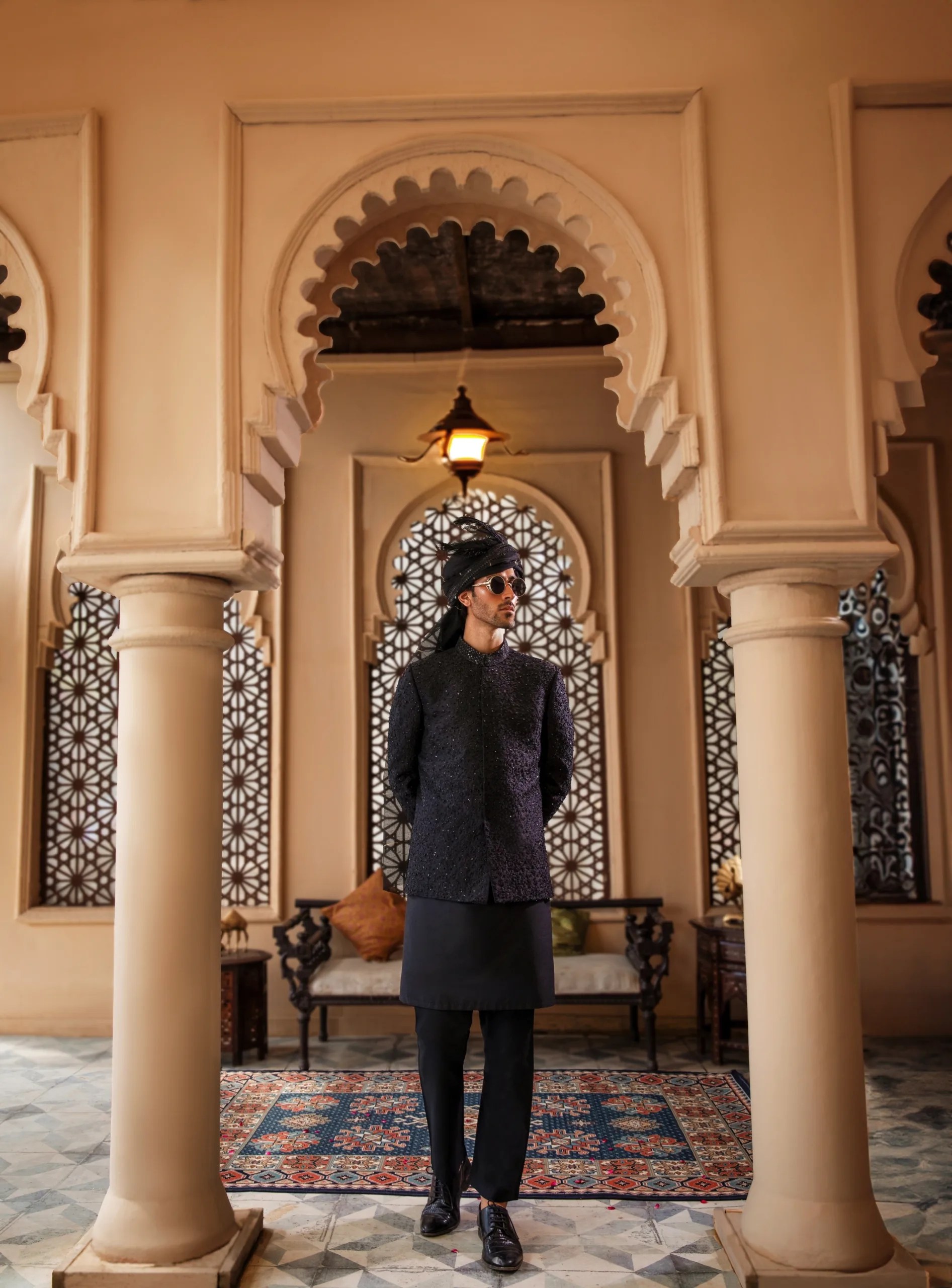 Black Moti-Embellished Suiting Prince Coat (1-Pc) - Image 3