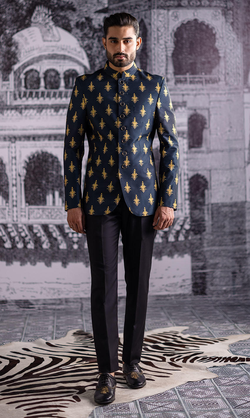 Black Gold Motif Embroidered Suiting Prince Coat (2-Piece) - Image 1