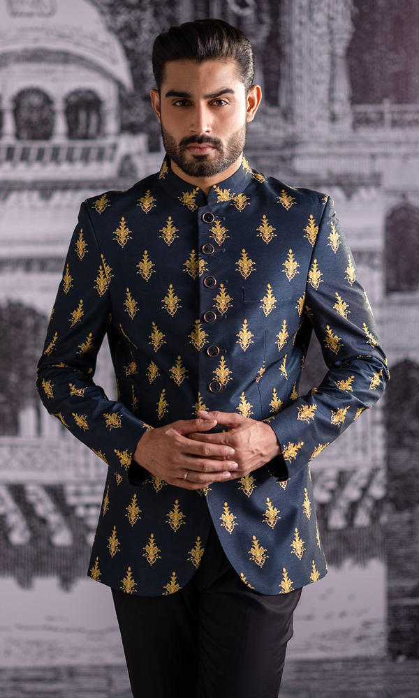 Black Gold Motif Embroidered Suiting Prince Coat (2-Piece) - Image 3