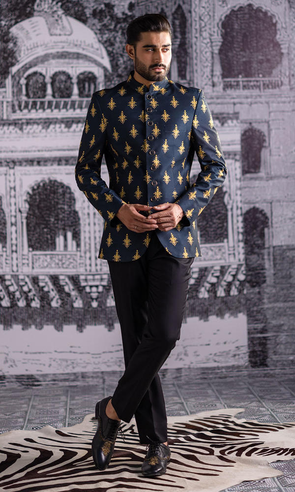 Black Gold Motif Embroidered Suiting Prince Coat (2-Piece) - Image 4