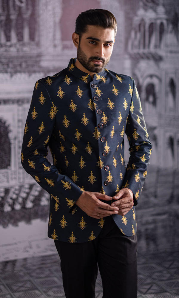 Black Gold Motif Embroidered Suiting Prince Coat (2-Piece) - Image 5