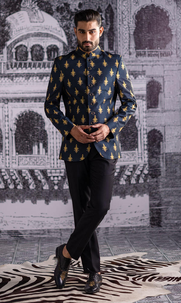 Black Gold Motif Embroidered Suiting Prince Coat (2-Piece) - Image 6