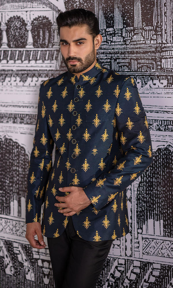 Black Gold Motif Embroidered Suiting Prince Coat (2-Piece) - Image 7