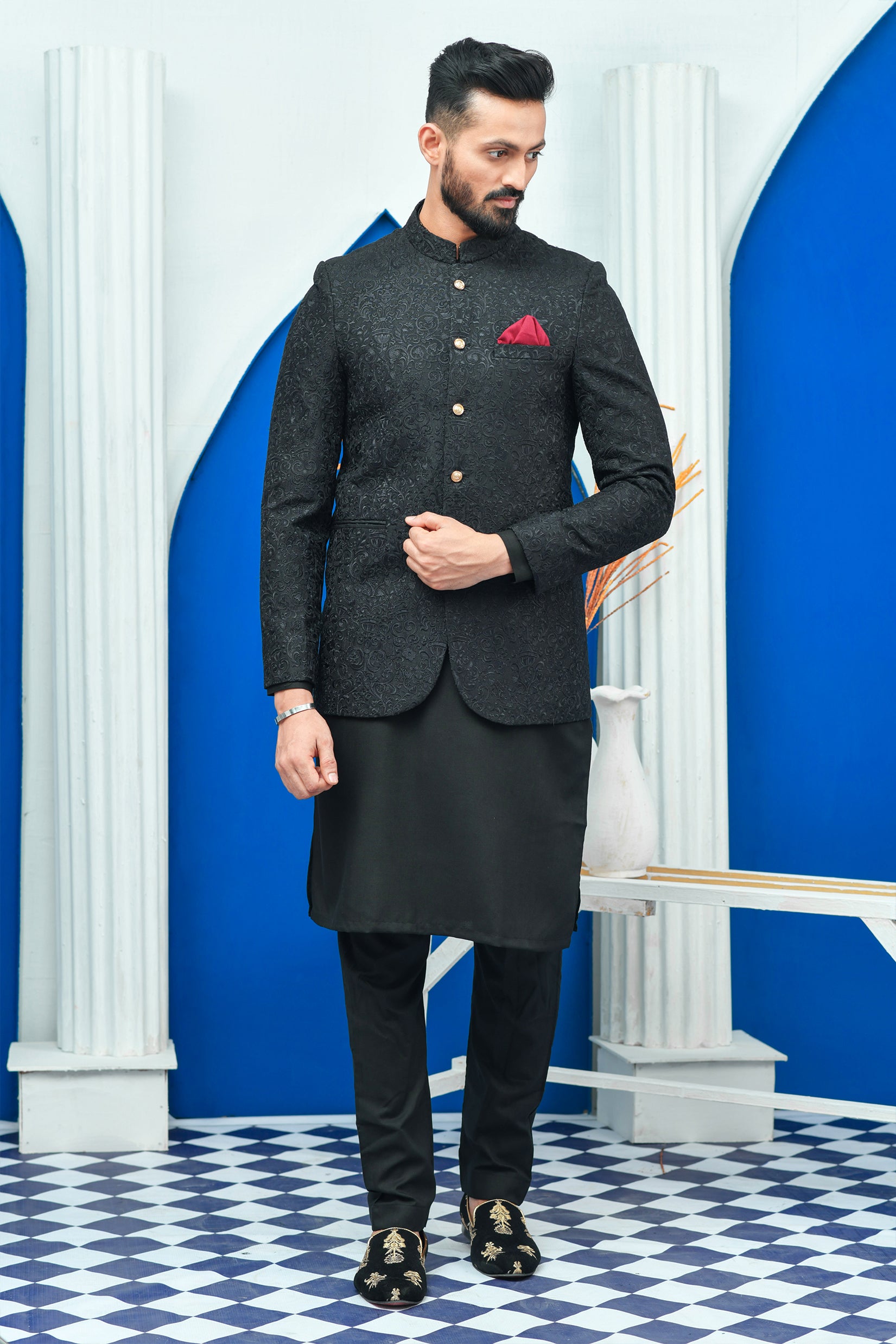 Black Resham Embroidered Suiting Prince Coat (1-Pc) - Image 1