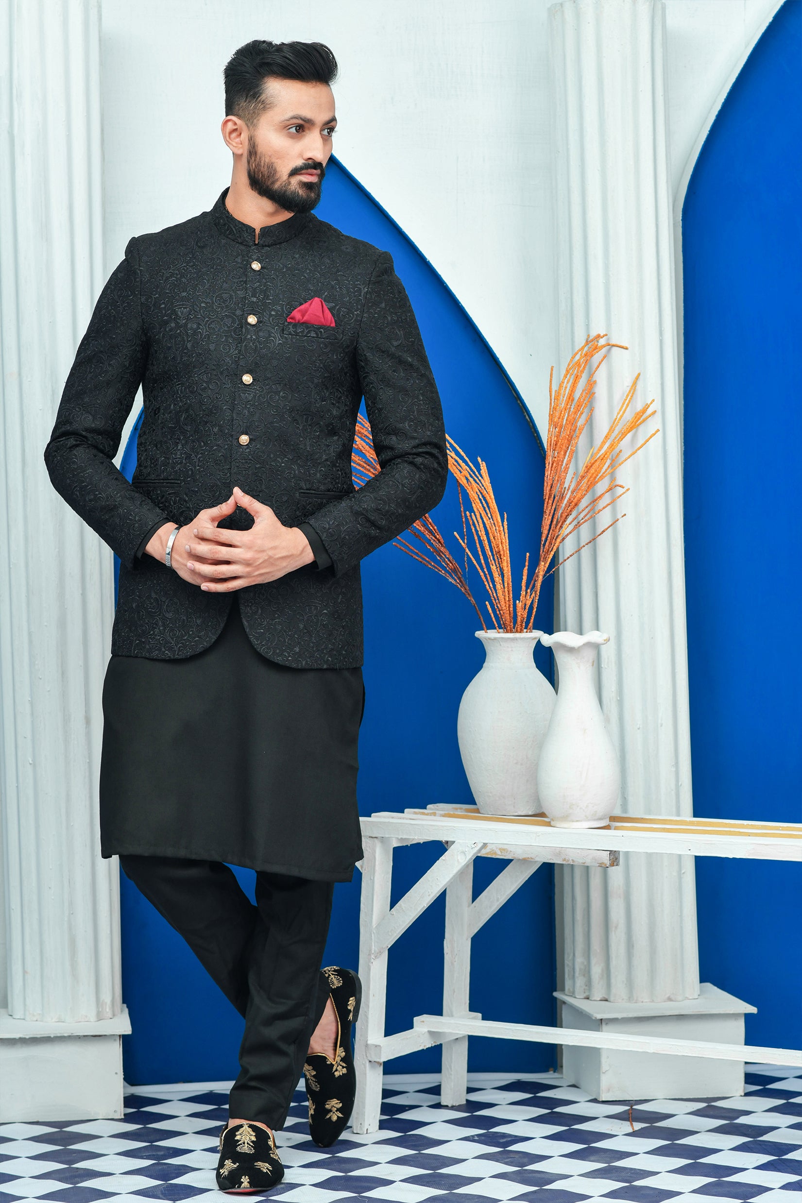 Black Resham Embroidered Suiting Prince Coat (1-Pc) - Image 2