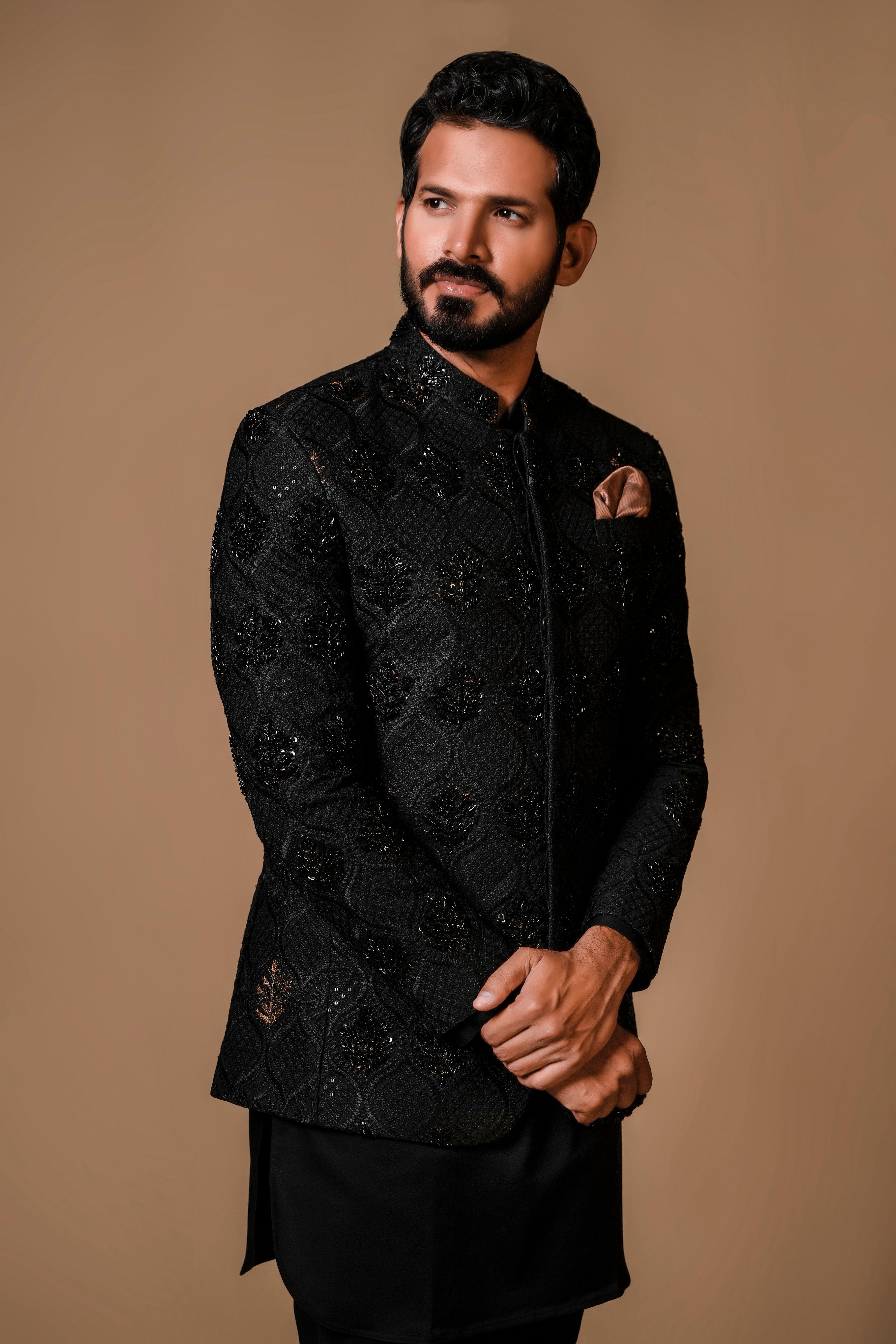 Black Embroidered Suiting Prince Coat (2-Piece) - Image 1