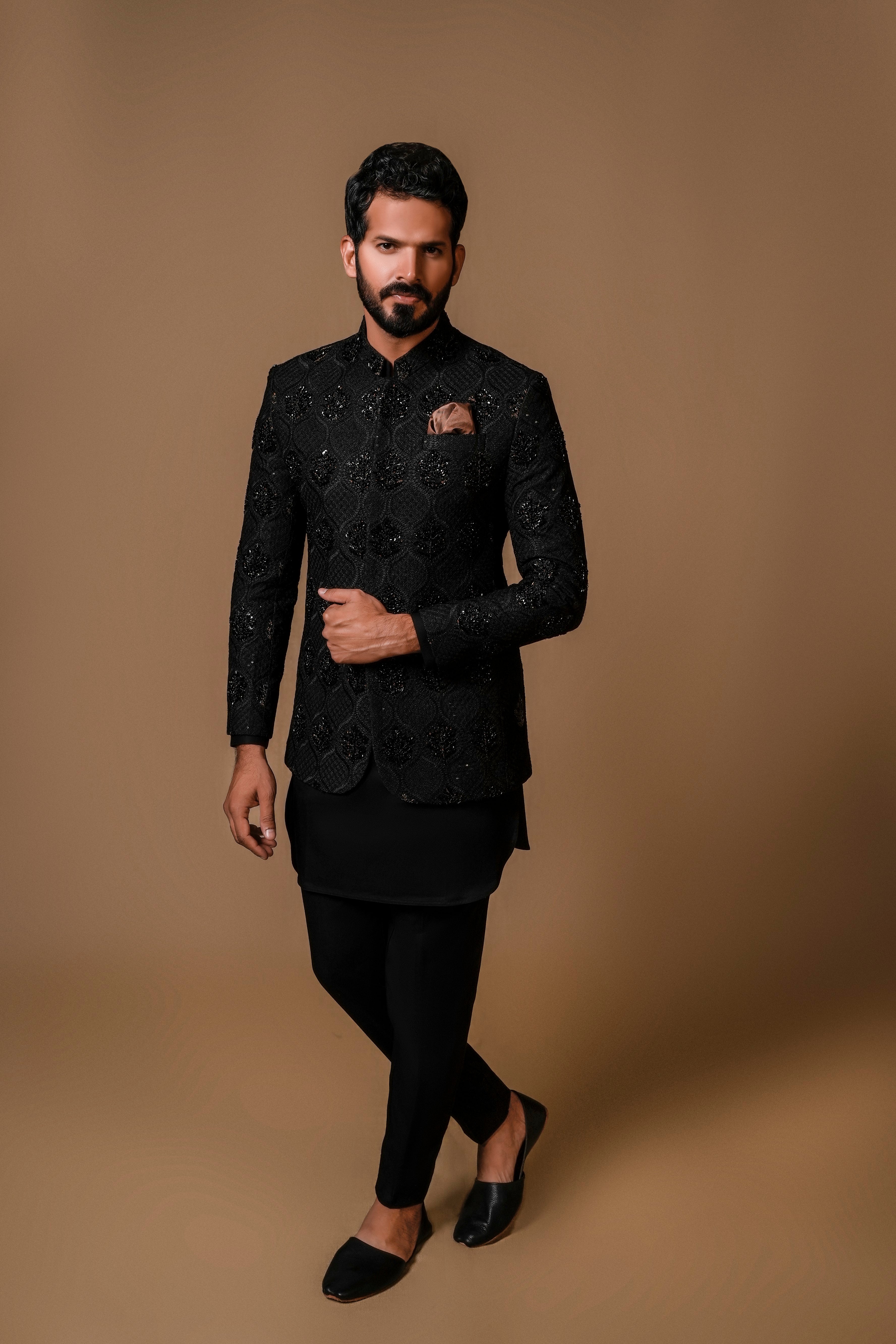Black Embroidered Suiting Prince Coat (2-Piece) - Image 2