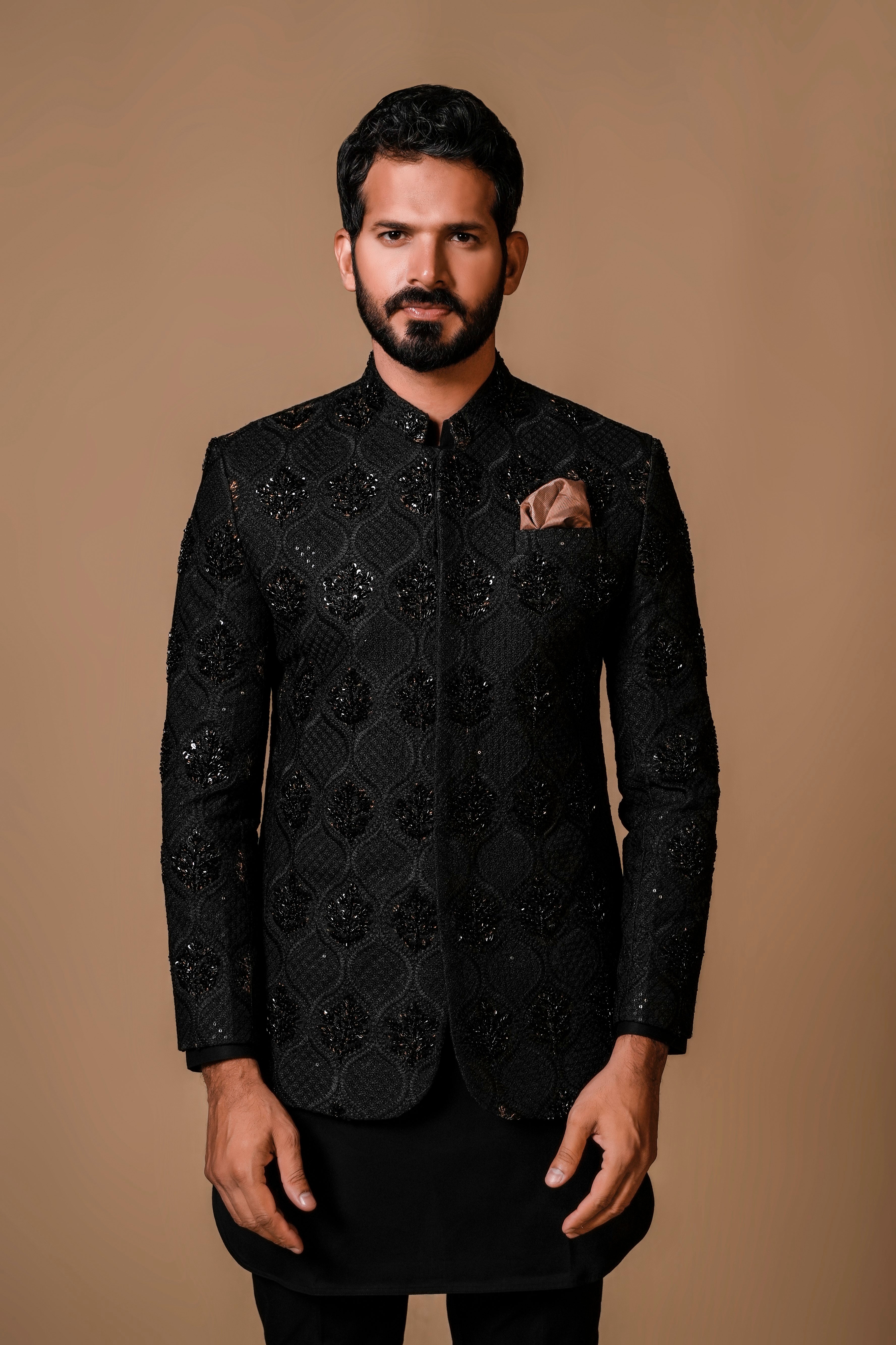 Black Embroidered Suiting Prince Coat (2-Piece) - Image 3