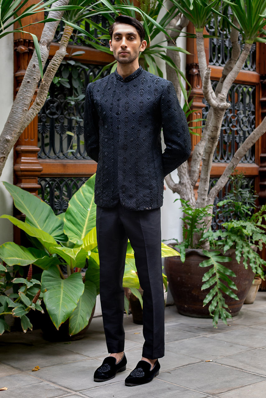 Black Hand-Embroidered Suiting Prince Coat (2-Piece) - Image 1