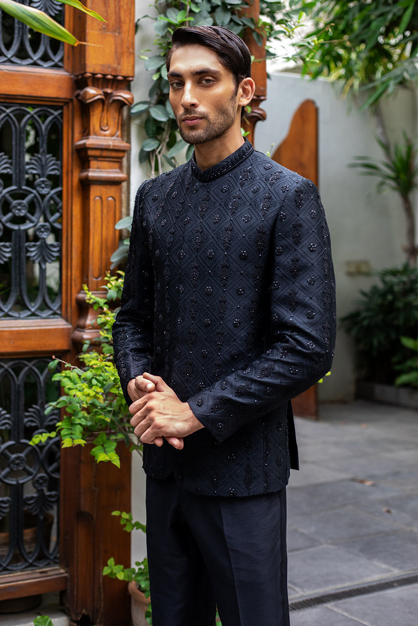 Black Hand-Embroidered Suiting Prince Coat (2-Piece) - Image 2