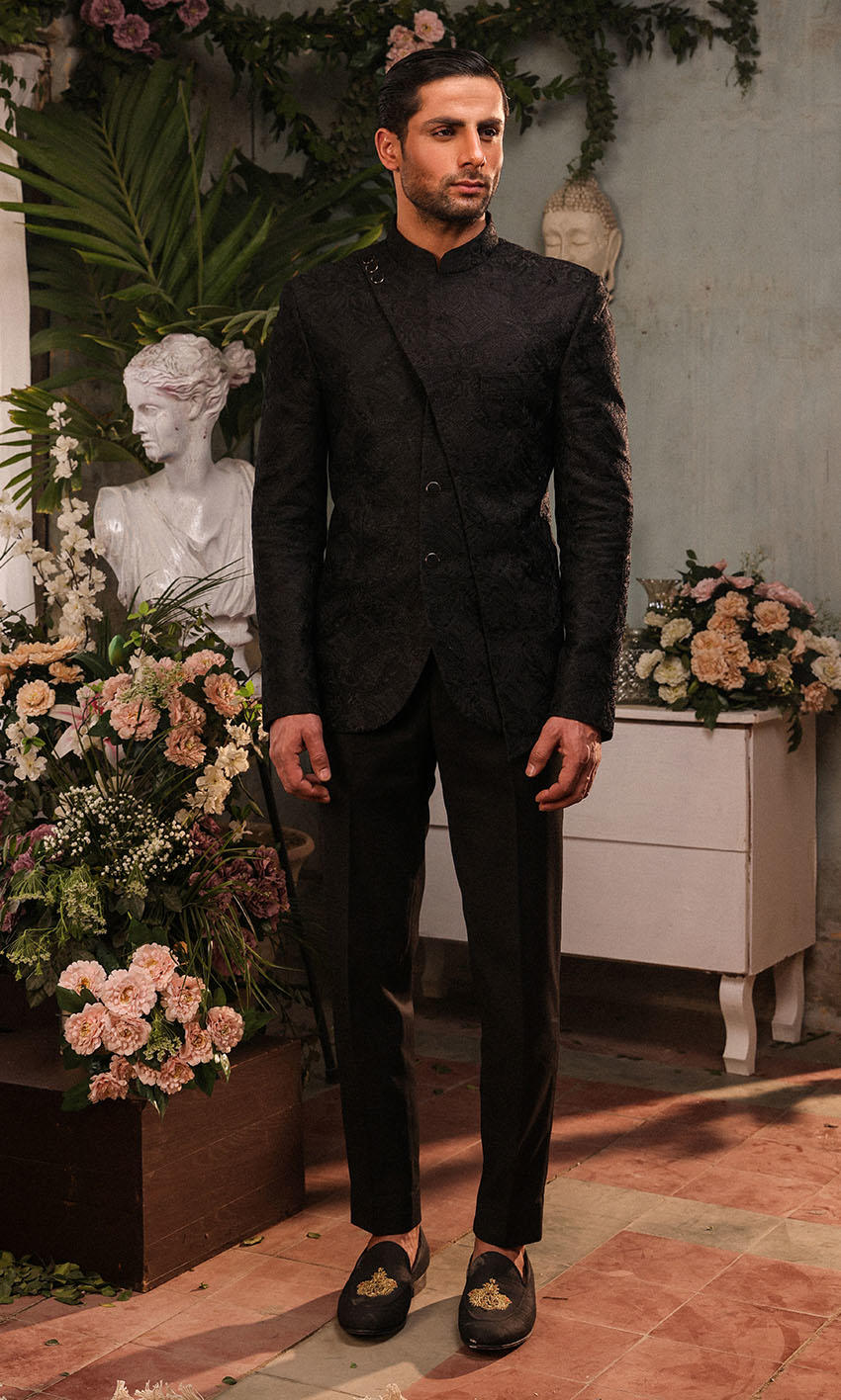 Black Self-Embroidered Suiting Prince Coat (2-Piece) - Image 1