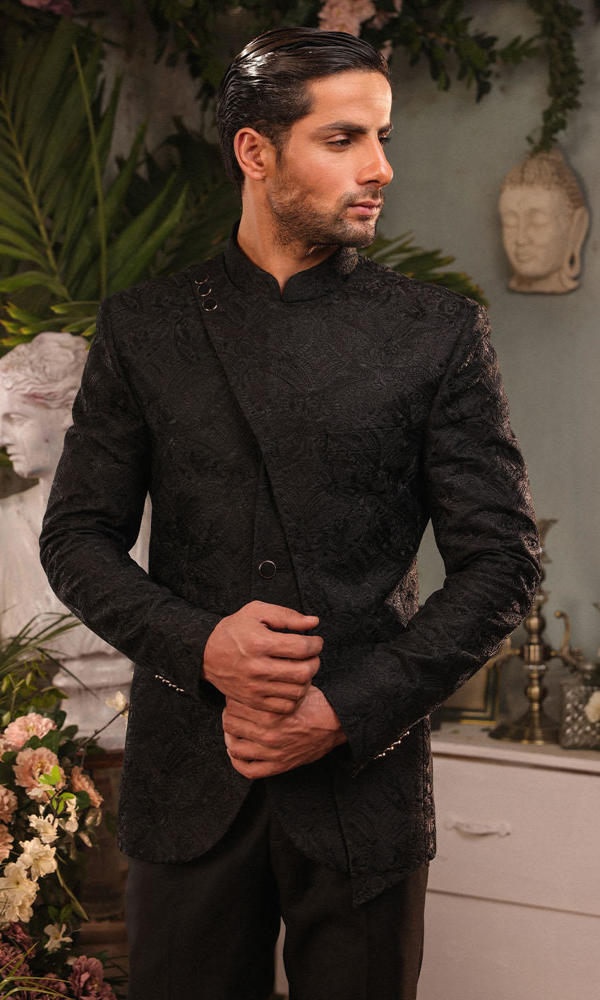 Black Self-Embroidered Suiting Prince Coat (2-Piece) - Image 3