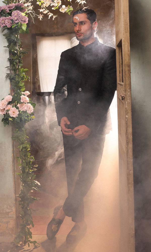 Black Self-Embroidered Suiting Prince Coat (2-Piece) - Image 4