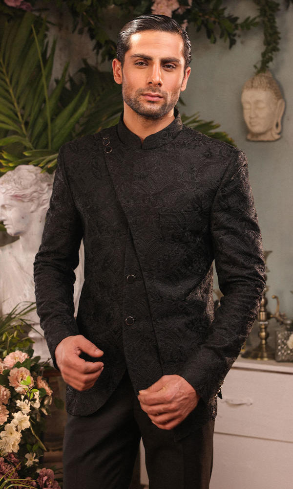 Black Self-Embroidered Suiting Prince Coat (2-Piece) - Image 5