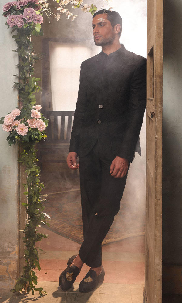 Black Self-Embroidered Suiting Prince Coat (2-Piece) - Image 6