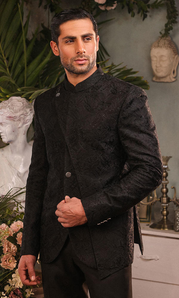 Black Self-Embroidered Suiting Prince Coat (2-Piece) - Image 7