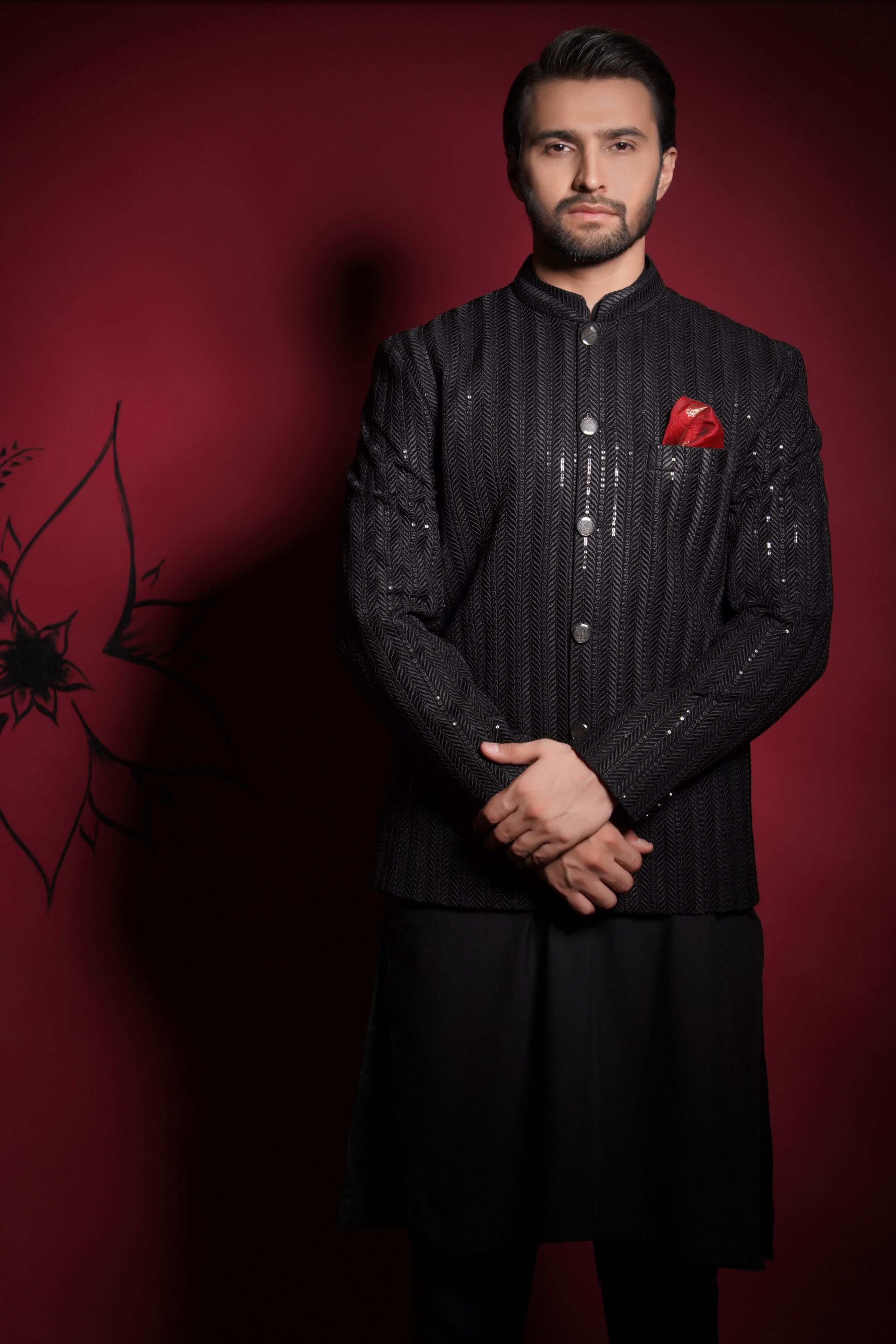 Black Resham & Sequin Embroidered Prince Jacket (3-Piece) - Image 1