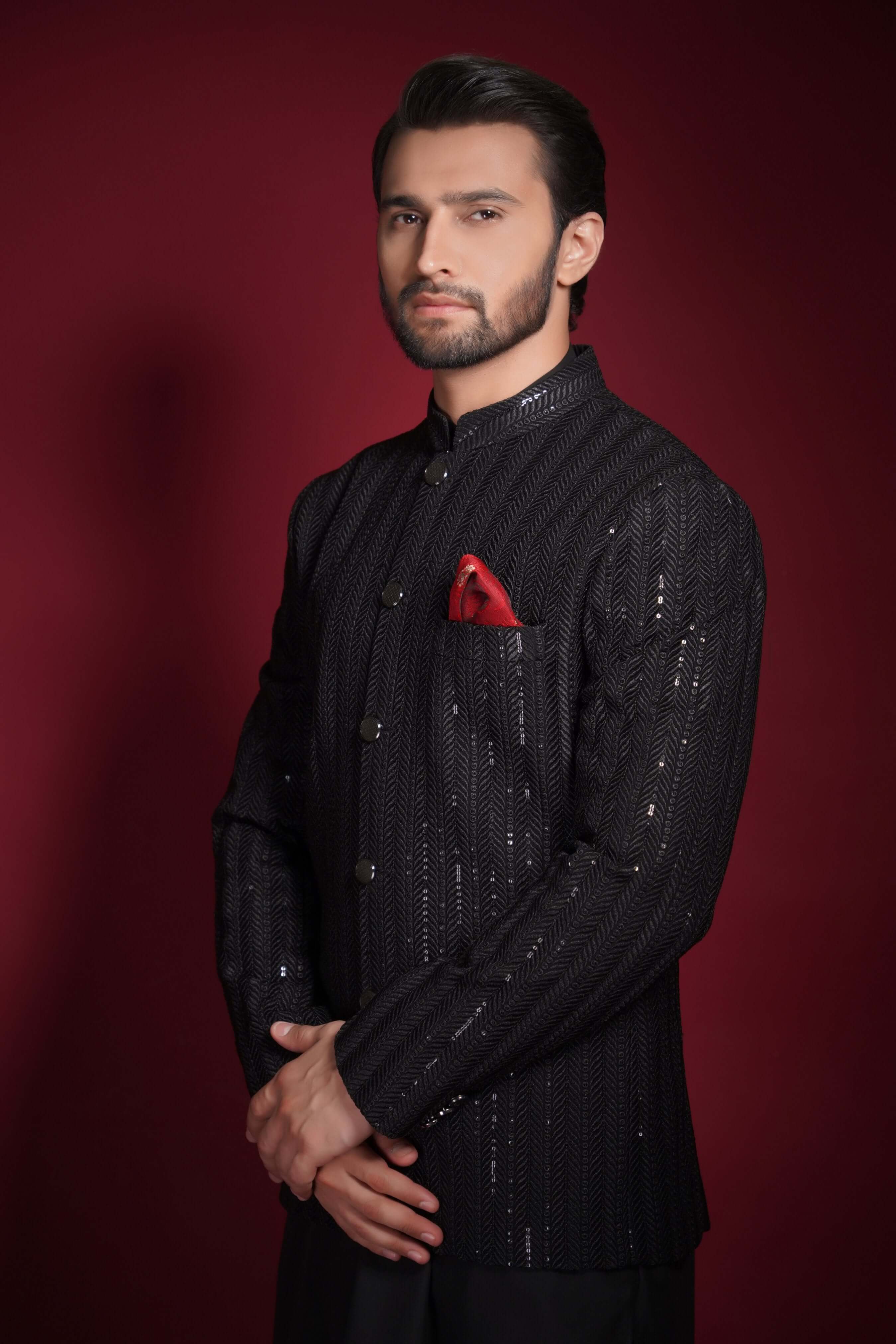 Black Resham & Sequin Embroidered Prince Jacket (3-Piece) - Image 2